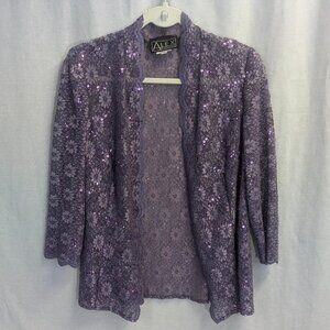 Alex Evenings Size Large Lavender Scalloped Sequin Lace Overlay 3/4 Sleeve Top